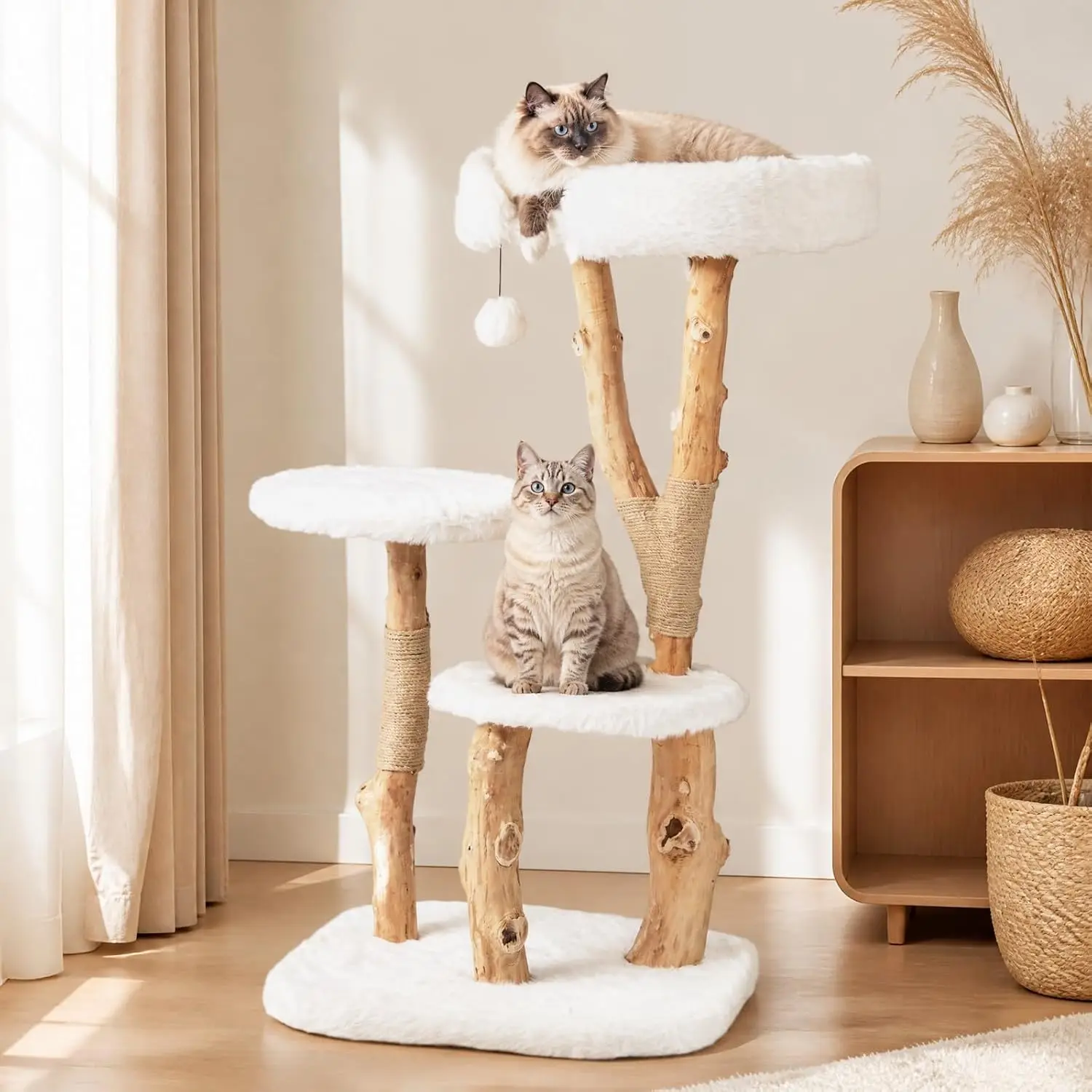 44 inch Wood Cat Tree, Modern Wooden Cat Tower with Jute Scratching Posts, Top Perch, Soft Long Plush and Dangling, Customized