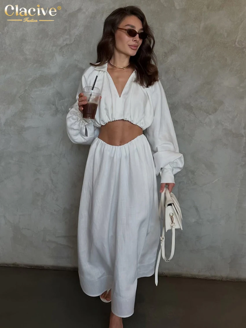 Clacive Sexy Loose White 2 Pieces Set For Woman Fashion Long Sleeve Crop Shirt With High Waist Long Skirt Set Female Clothing