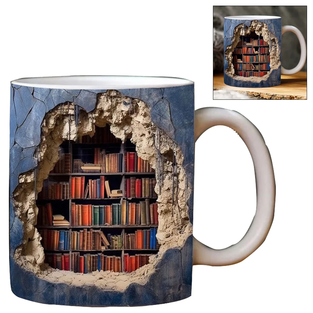 

350 мл кружки для книг с 3D-эффектом, керамическая книжная полка с узором, чайная чашка, креативный многоцелевой подарок для читателей