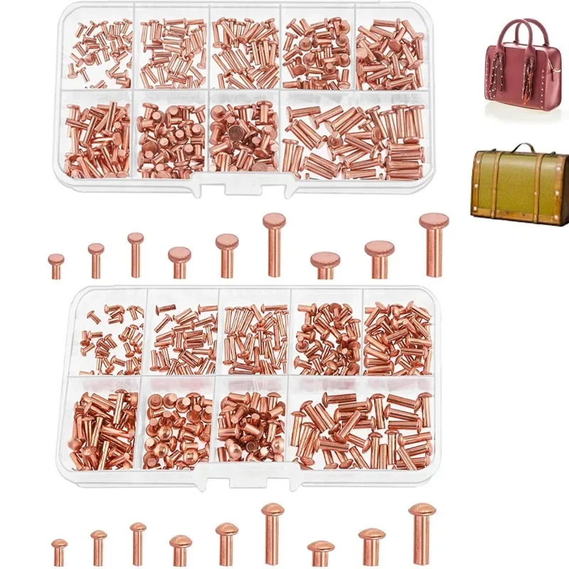 270Pcs M2 M2.5 M3 Solid Rivets Flat Head/Round Head Metal Copper Solid Rivet Fasteners Leather Belt Rivets Working Supplies Tool