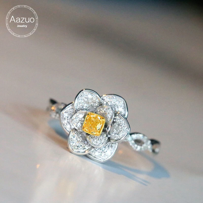 

Aazuo High Quality Real Yellow Diamonds 0.42ct 18K White Gold Rose Flower Ring Upscale Trendy Senior Party Fine Jewelry Hot Sell