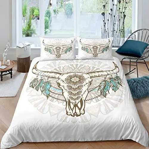 

Bull Skull Bedding Set Boho Mandala Duvet Cover for Children Teens Bohemian Feather Print Comforter Cover Animal Skull Pattern