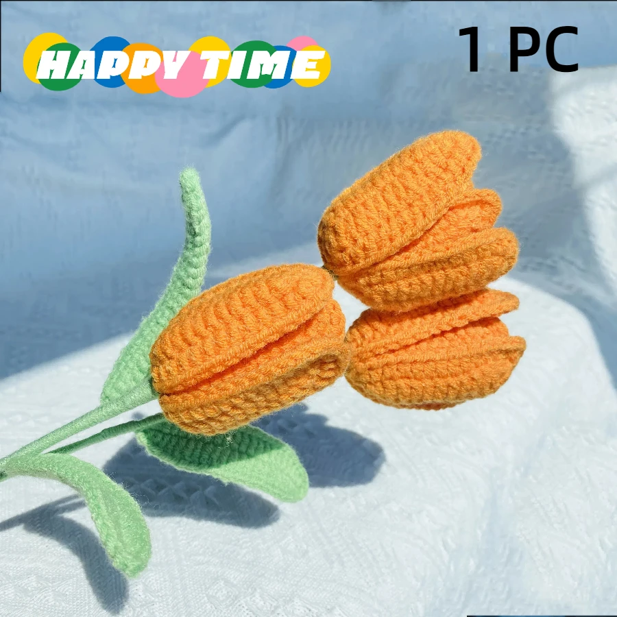 1PC Crochet Tulips Flower Hand-knitted Artificial Flower Bouquet Fake Flower for Home Vase Decoration Christmas New Year Gifts