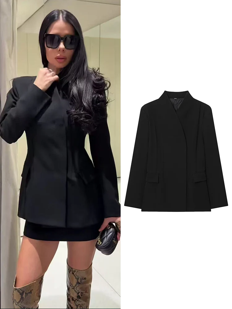 

TFMLN Women Slim Fit Blazer 2025 Autumn New Arrival Solid Color Fashionable Long Sleeve V-neck Suit Simple Office Lady Coat