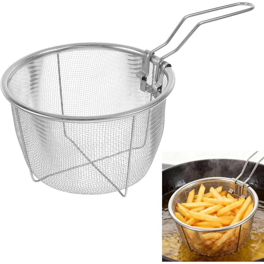 Round Fry Basket with Folding Handle Stainless Steel Wire Mesh French Chip Deep Fry Basket Serving for Home Cooking Restaurant