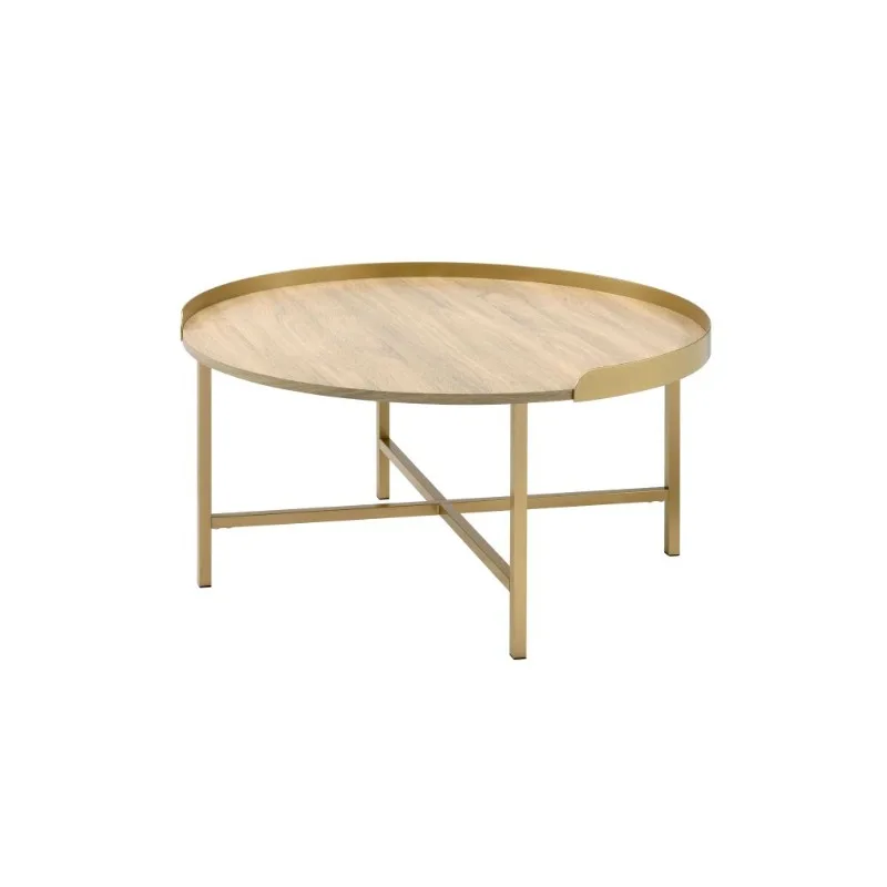 Round Coffee Table with Light Wood Top Gold Metal Frame Modern Living Room Center Table Home Furniture for Decor and Daily Use