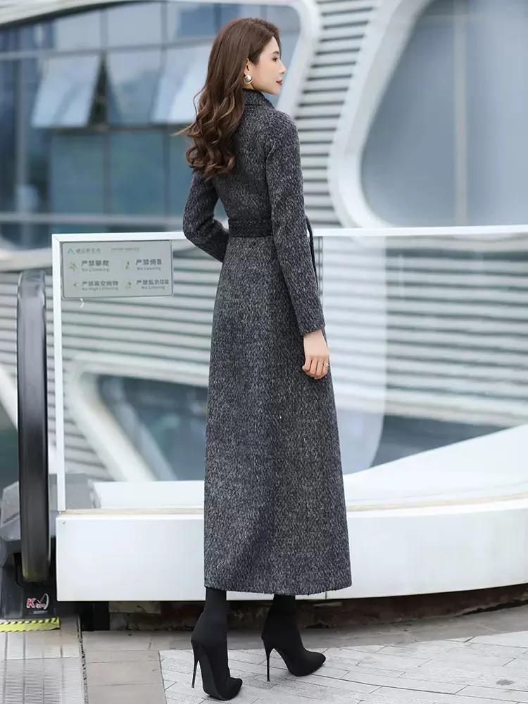 New Women Autumn Winter Elegant Gray Woolen Coat Fashion Casual Turn-down Collar Double Breasted Slim Wool Blended Overcoat