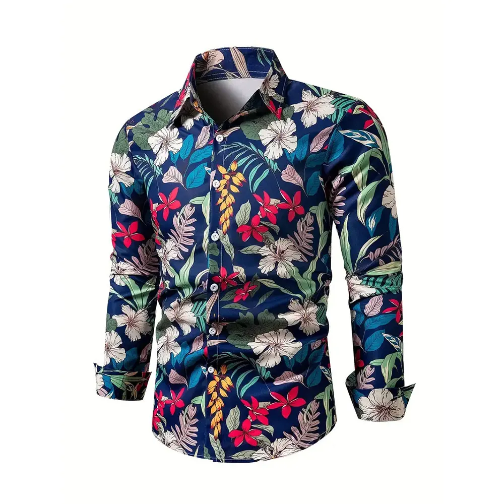 

Men's Plus-size Lapel Button Up Top Fashion 3D Floral Digital Printed Shirt Men's Outdoor Casual Comfortable Long Sleeve Shirt