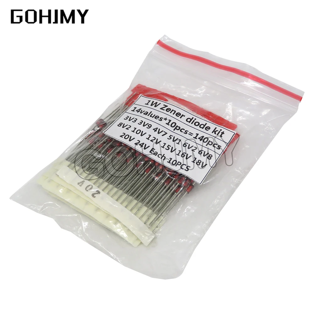 14 values*10pcs=140pcs 1W Zener Diode Kit DO-41 3.3V-24V Component Diy Kit 3V3 3V9 4V7 5V1 6V8 8V2 10V 12V 15V 16V 18V 20V 24V