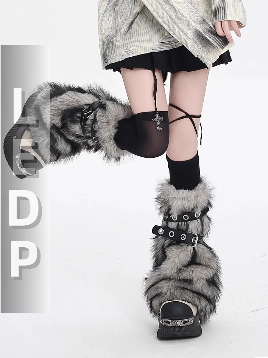 IMU Woman Furry Leg Warmers with Belt Vintage Y2k Gyaru Faux Fur Boots Cover Fall Winter Long Socks Grunge Acubi Fashion