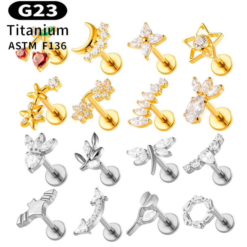 1PC G23 Titanium Zircon Cherry Labret Internally Threaded Helix Cartilage Tragus Stud Monroe Cartilage Lip Lobe Piercing Jewelry