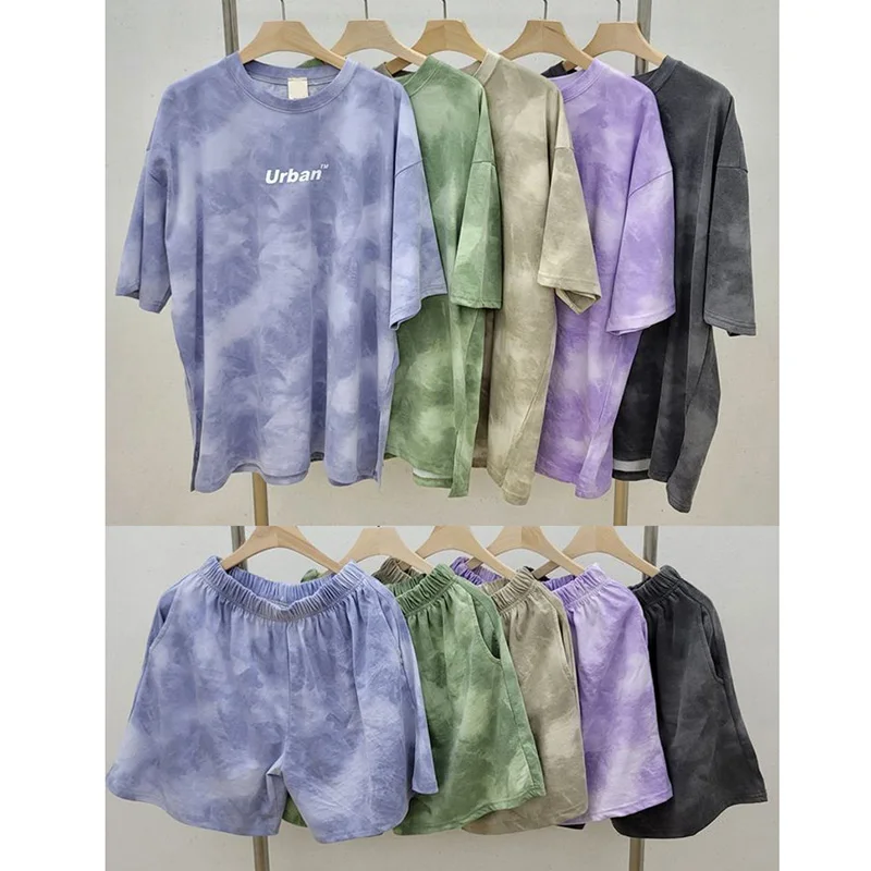 2Piece Suit Women T-Shirt Shorts Set Tie Dye Loose tshirt and wide leg middle shorts with pockets female Casual Soft Summer Sets