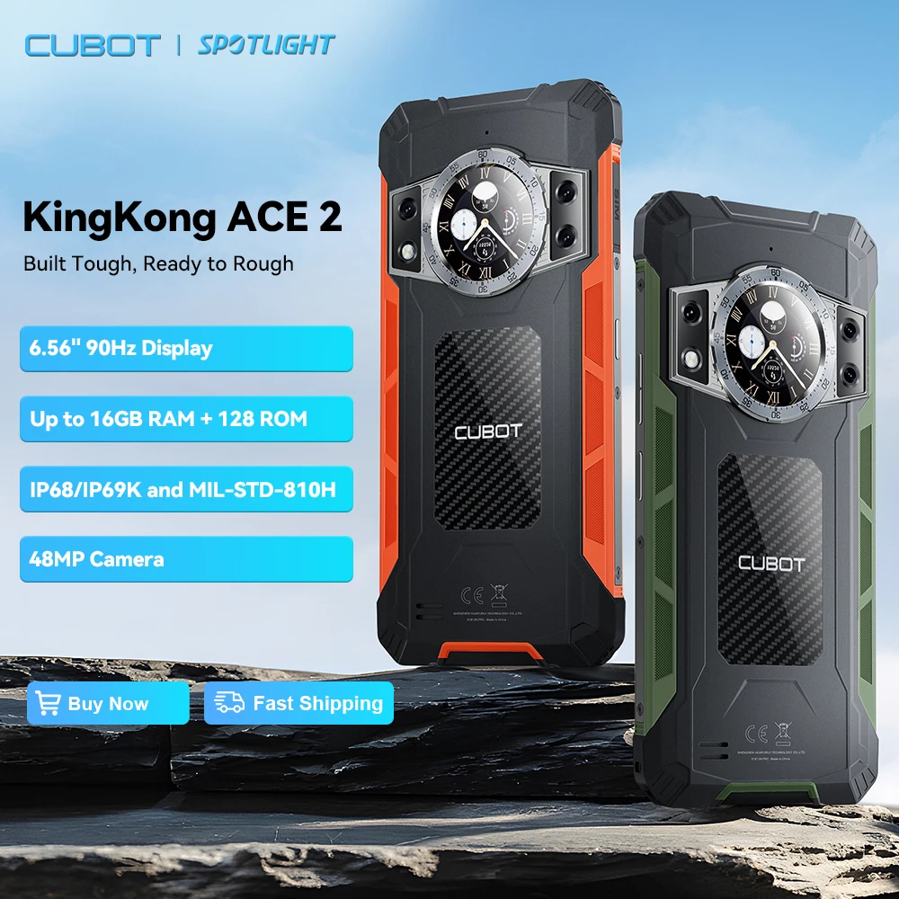 [신상품] Cubot KingKong ACE 2 – 초슬림 견고 스마트폰, 안드로이드 14, 16GB RAM(6GB+10GB 확장 가능), 128GB 저장 용량, 6.56인치 90Hz 디스플레이, 듀얼 스크린, 48MP 카메라, 4G 지원, NFC 기능 탑재