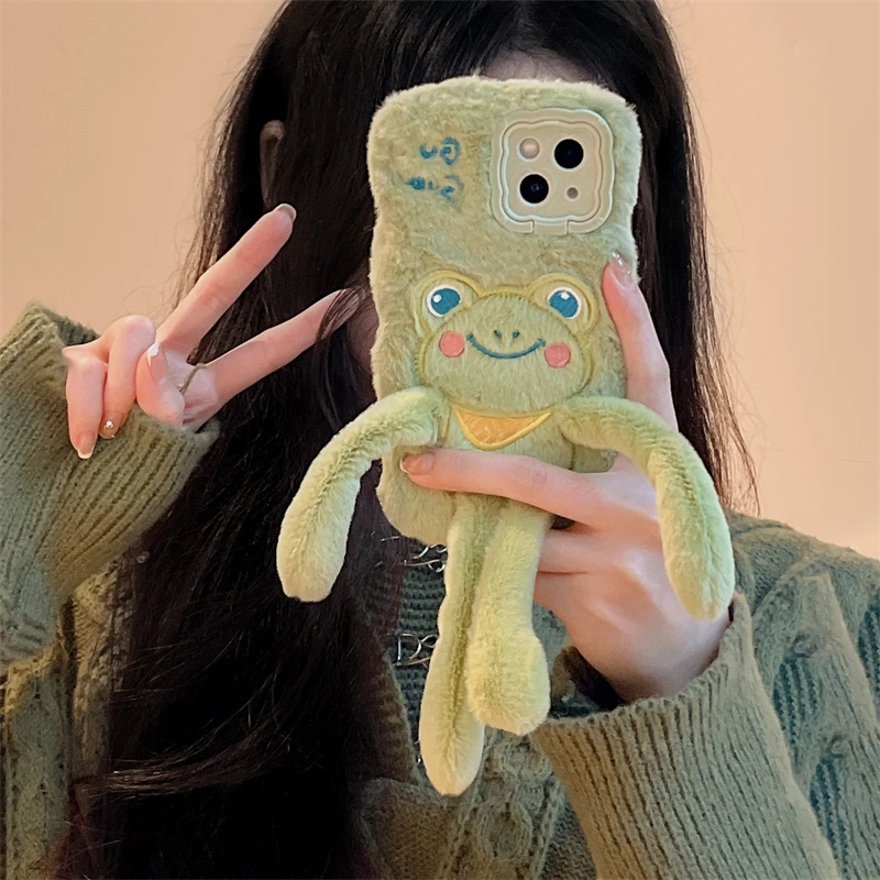 Plush Hair Fluff Toy Soft Phone Case Cartoon For iPhone 16 15 14 13 Pro Max 14 Plus 15 Plus Cute frog Women's Fashion Back Cover