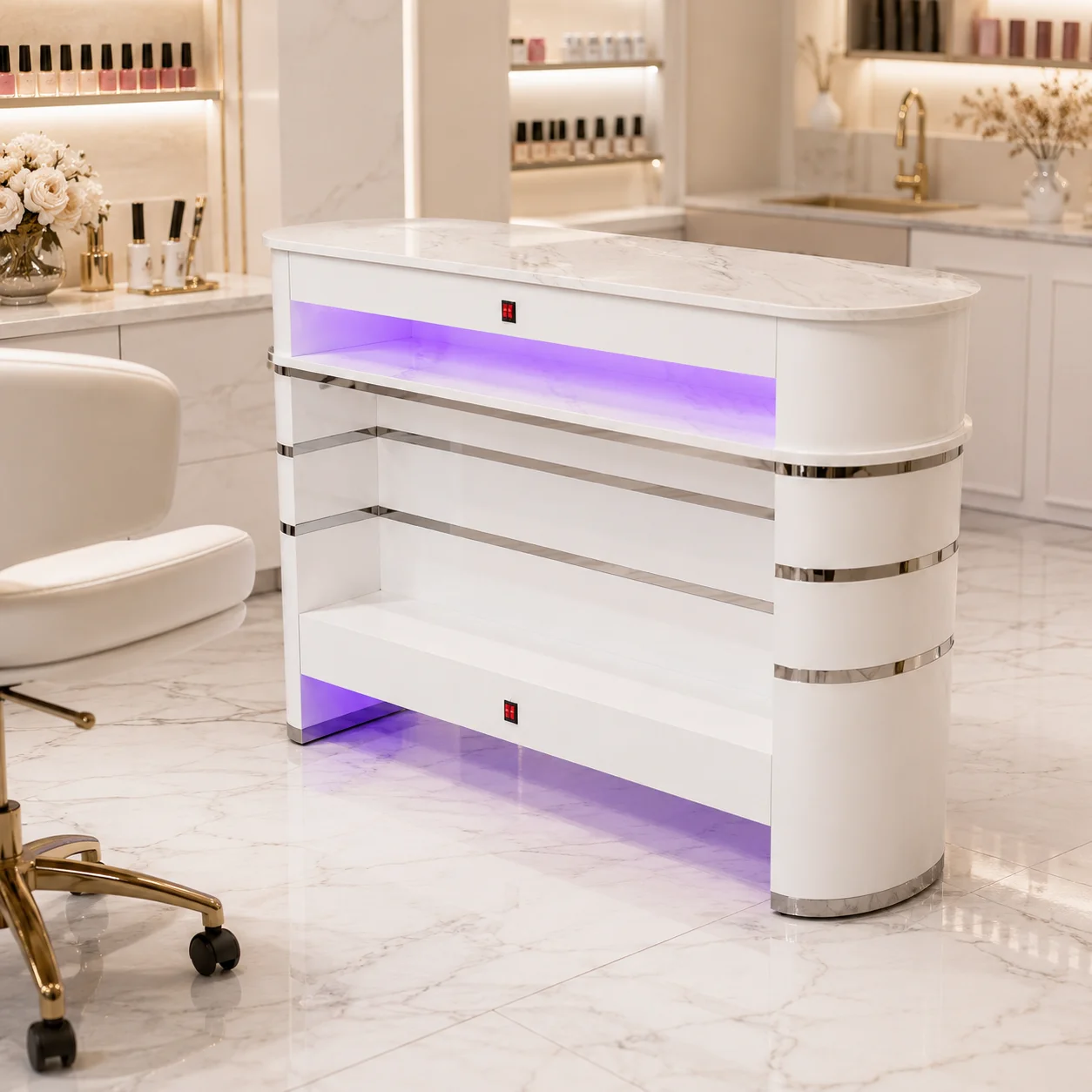 Nail Dryer Table Double Layer Marble Top 4 Integrated Fans 4 LED Lamps for Professional Nail Spa Salon Commercial Use