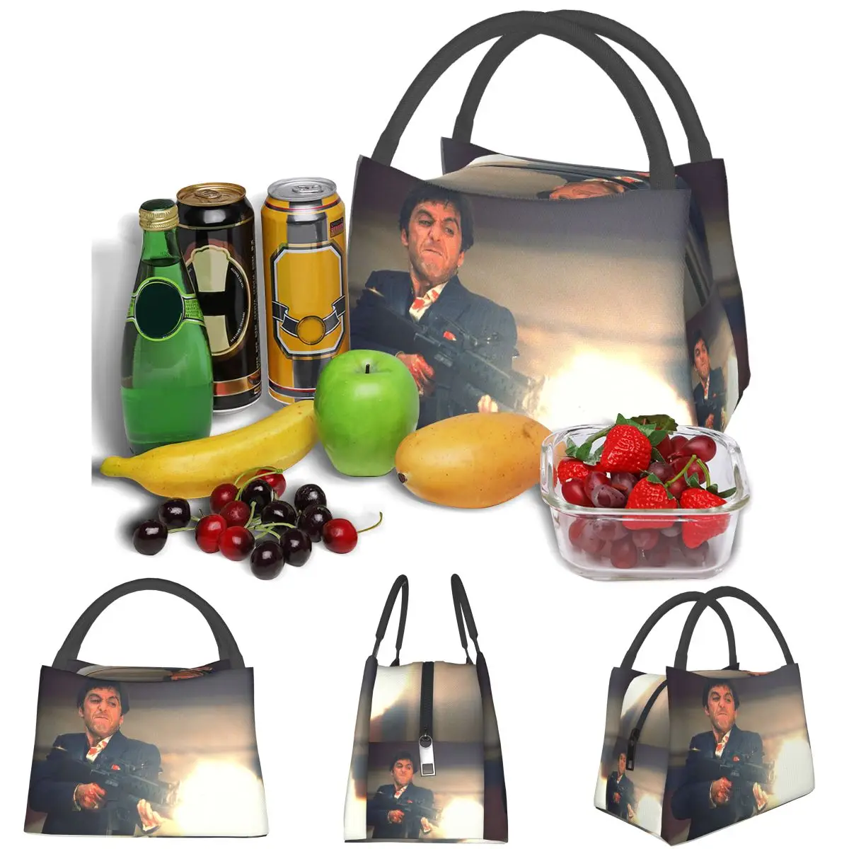 Scarface Tony Montana Shooting Lightweight Handheld Insulated Lunch Bag Aluminum Foil Liner for Adults Students Travel Picnic