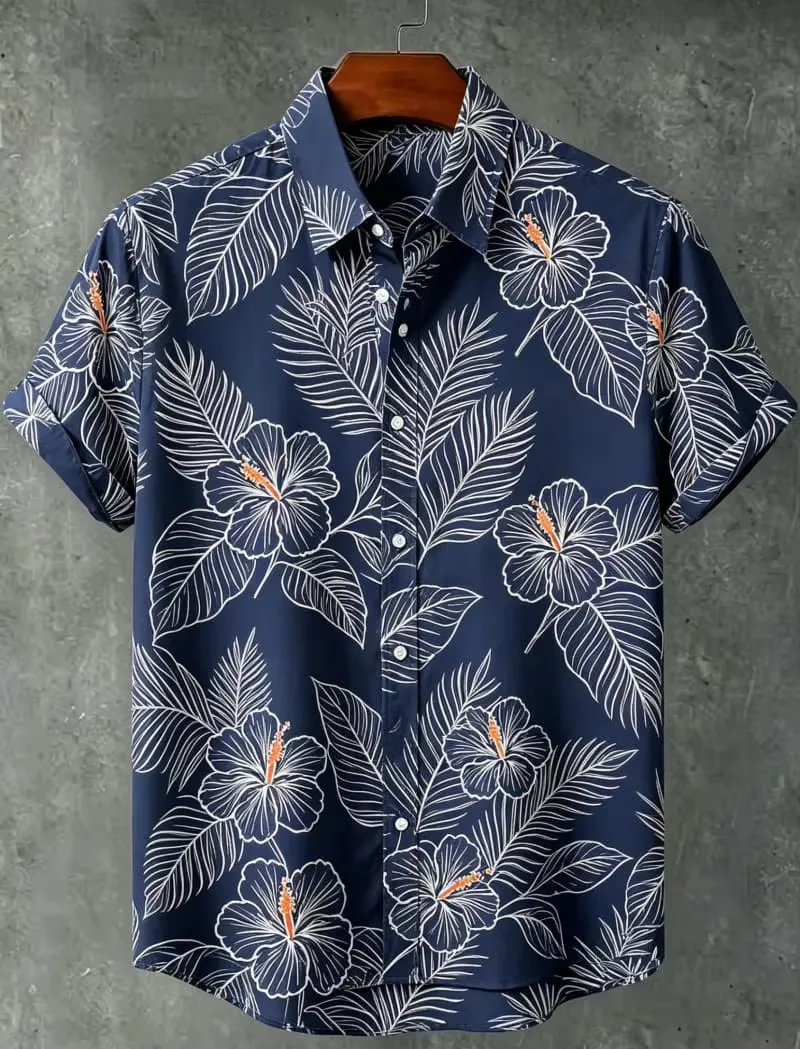 Men's Hand Drawn Tropical Plant Pattern Printed Short Sleeved shirt, Suitable For Summer vacation, Street travel, And Daily Wear