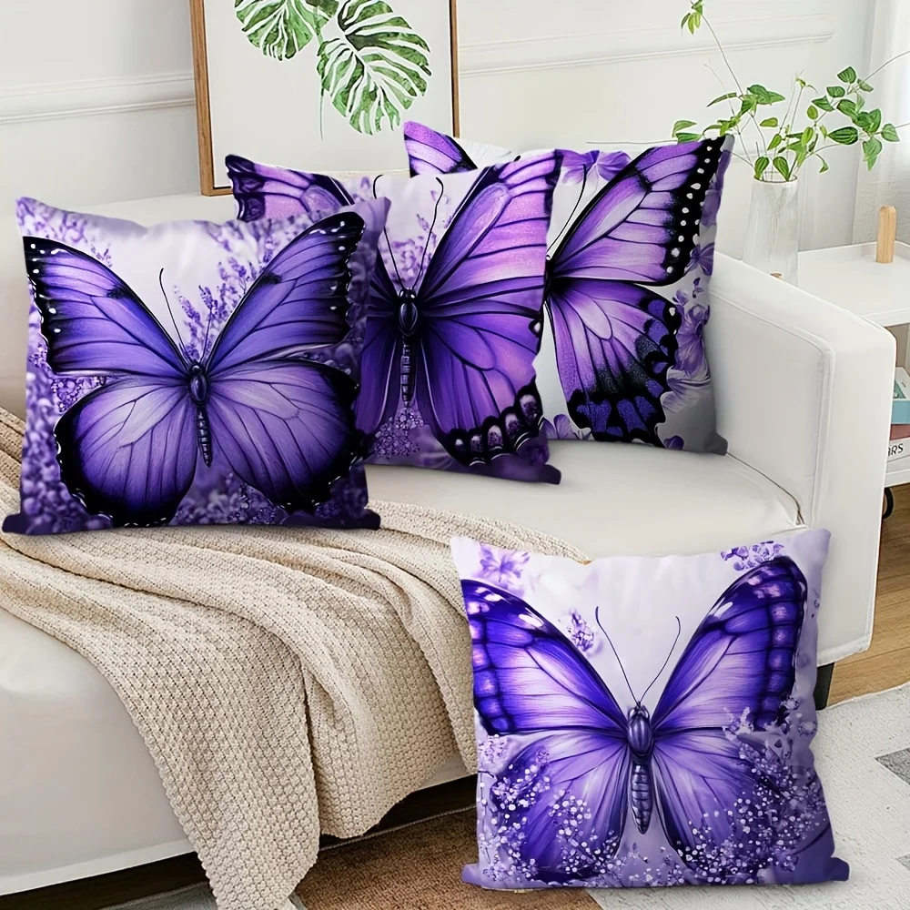 4 piezas/SET Fundas  Almohada con Diseño  Mariposa Morada, Tamaño Estándar/Queen, Elegantes, Estilosas, Lavables a Máquina,