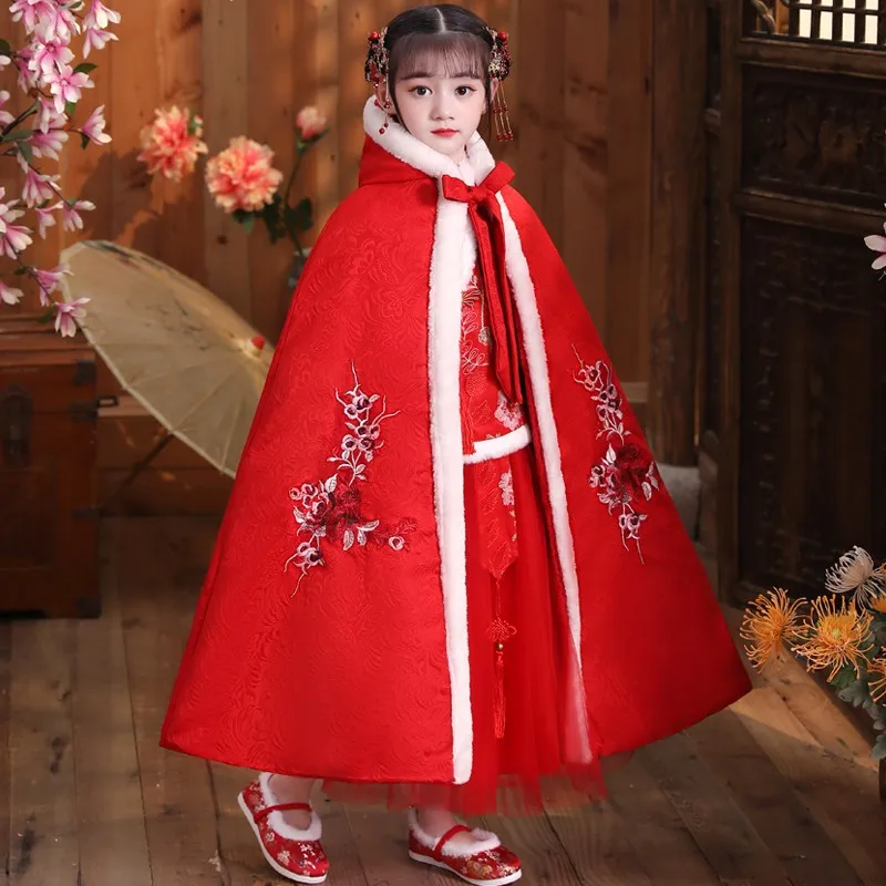 Children Girl Shawl Cloak Baby Out Windproof Hooded Coat Girl Plus Velvet Hanfu Cloak Chinese Style Autumn Winter Cape