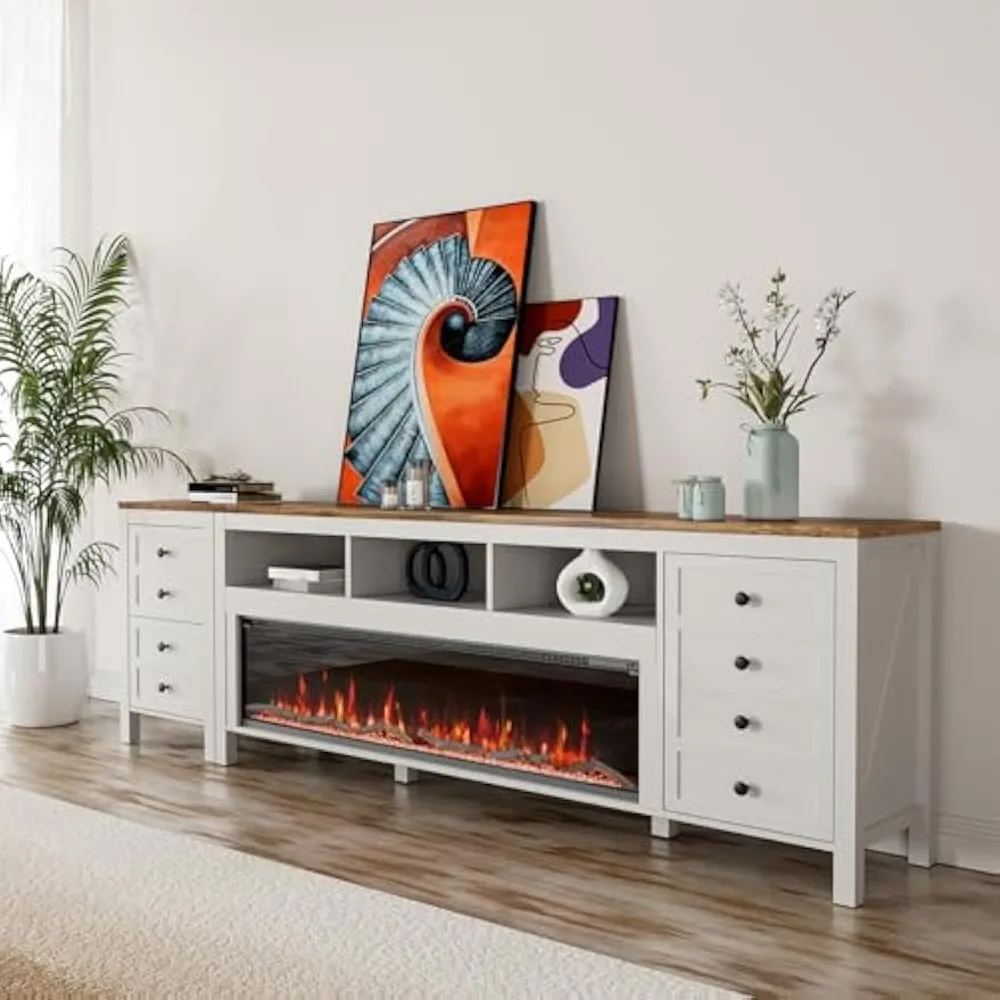 Suporte de TV com lareira de 83 polegadas para TVs de até 95 polegadas, centro de entretenimento de fazenda com lareira elétrica de 50",