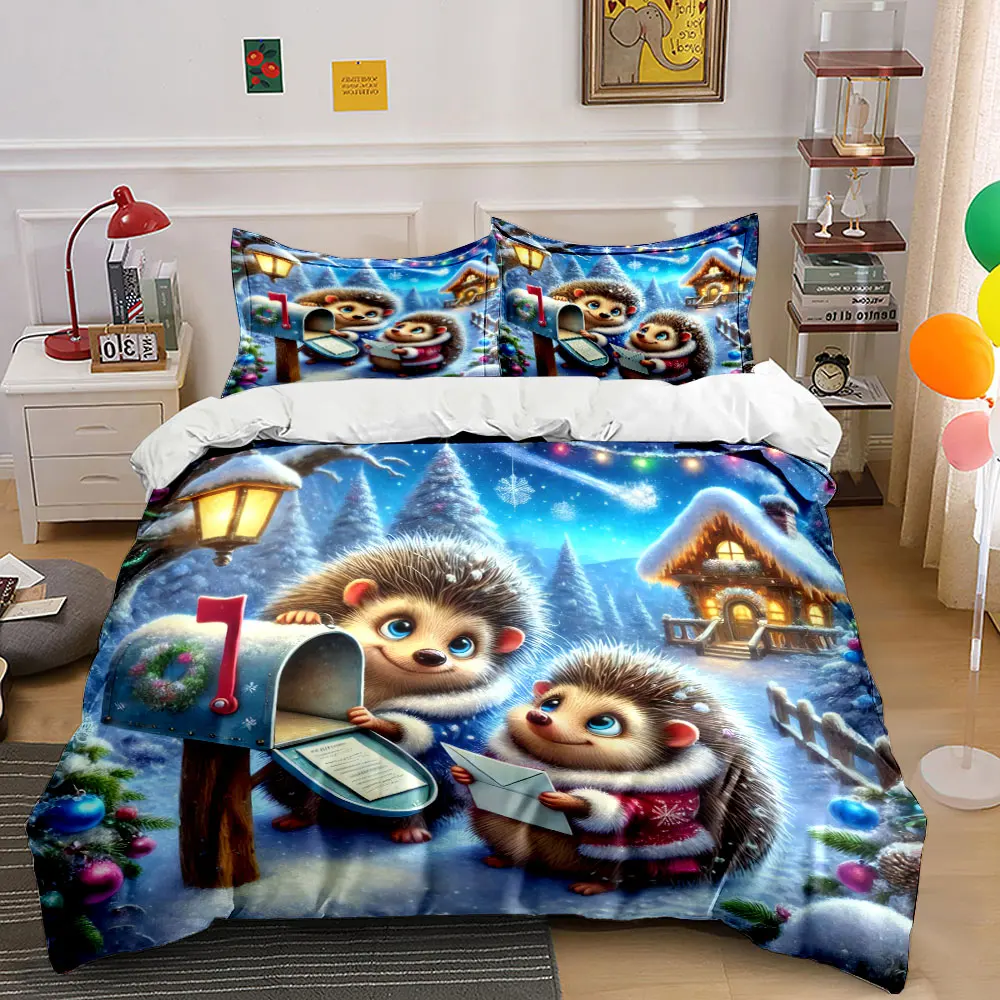Warm winter night with two hedgehogs receiving mail Print Duvet Cover Bedding Set Included 1*Duvet Cover 2*Pillowcases