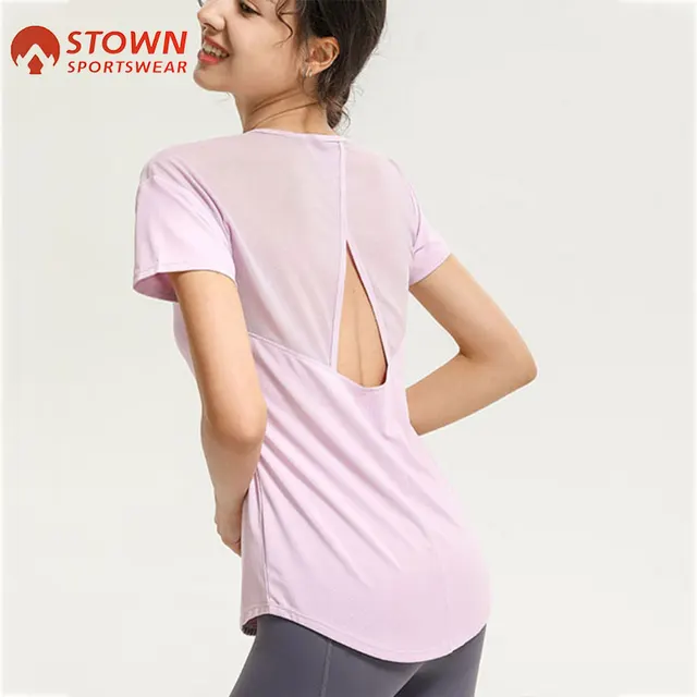 Nowa siatkowa oddychająca koszulka do jogi Hollow Beauty Back Top sportowy Luźna i szybkoschnąca koszulka z krótkim rękawem Bluzka damska