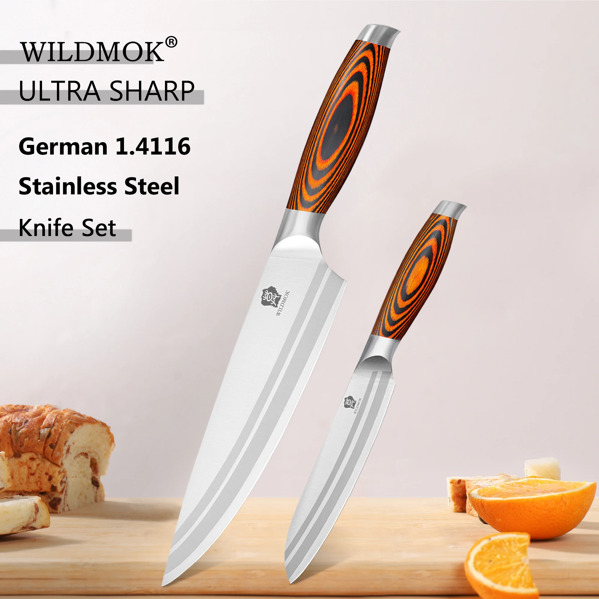 WILDMOK Set of 2 Knife Set, 8 Inch Chef Knife &5 Inch Utility Knife,Premium Stainless Steel Blades with Comfort Pakkawood Handle