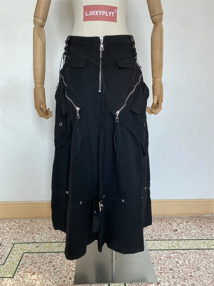 Dark Style Women's Zipper Black A-line Ankle-length Skirt Cool Girl Vintage Fashion Summer Female Loose Lace Up Cargo Skirts
