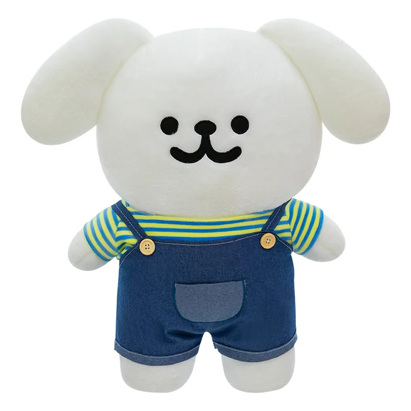 Kawaii Line Dog Plush Toy Cute Dressed White Puppy with Overalls Line Dog Stuffed Doll for Kids Birthday Xmas Gift Arcade Prize