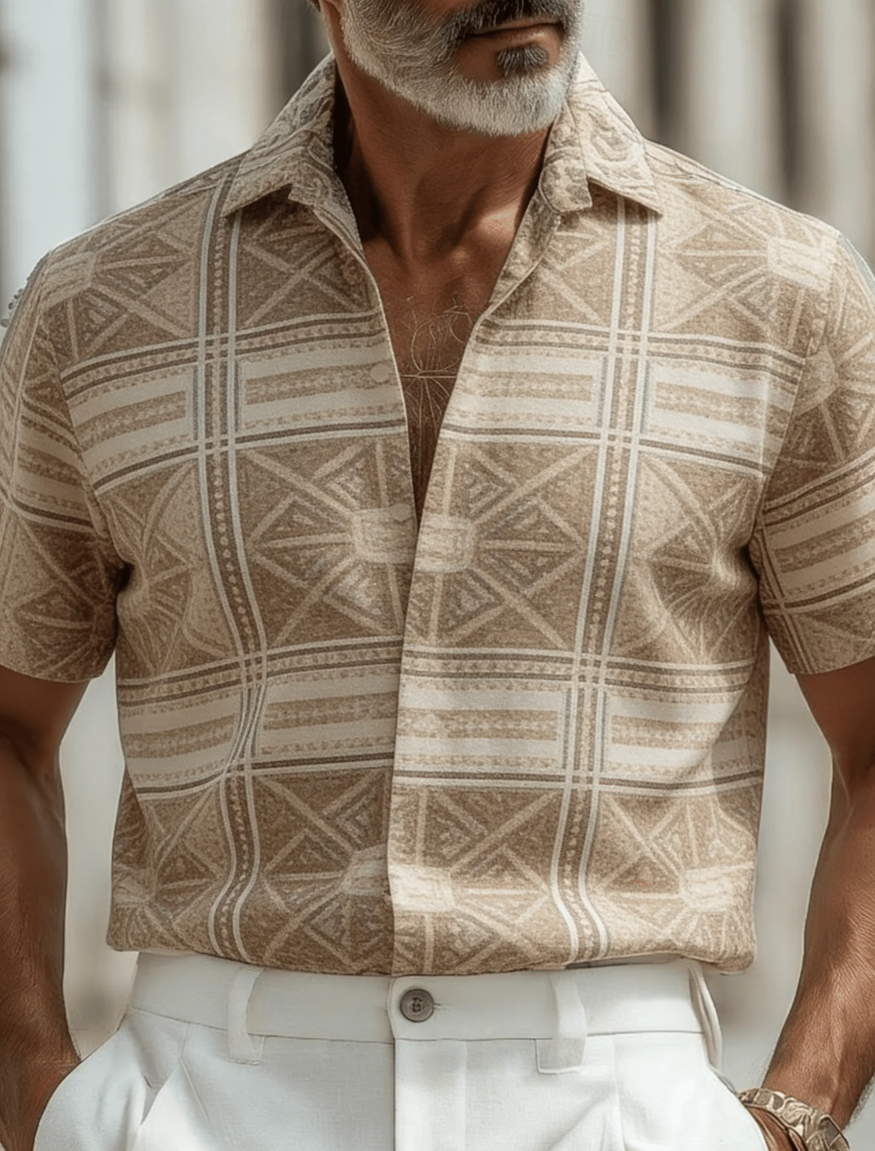 Men's Ethnic Geometric Splice Short Sleeve Shirt, Spring Summer Retro Vacation Casual Top, Pocket Lapel Style