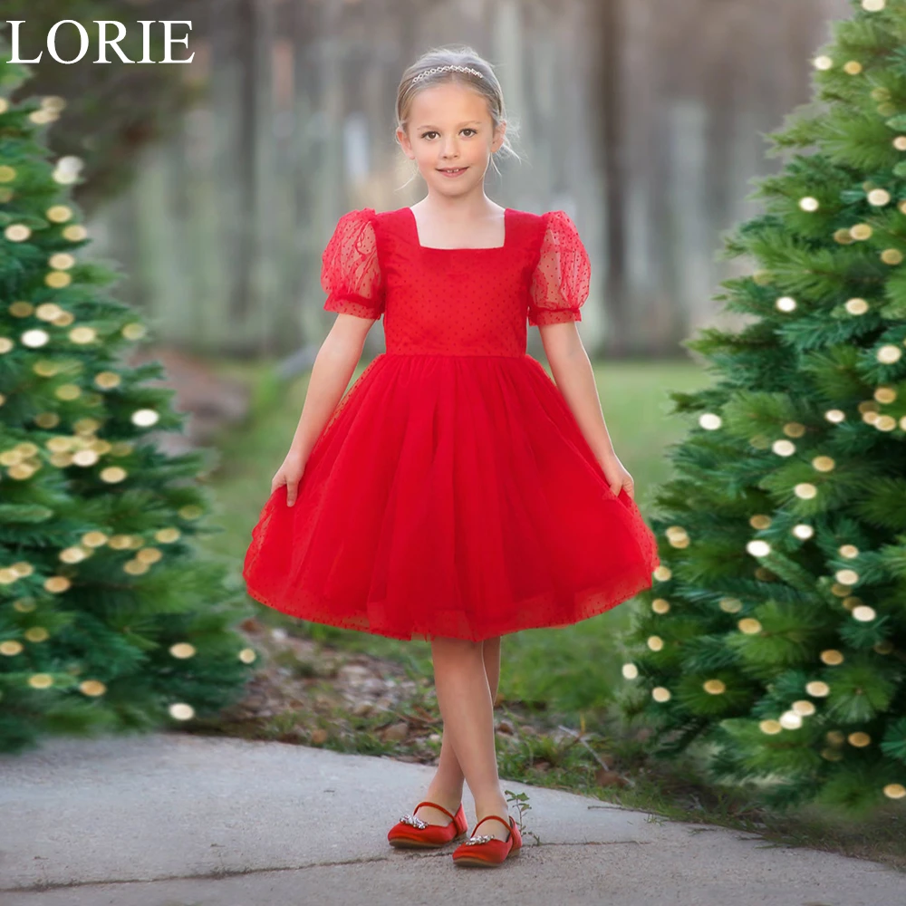 LORIE Red Flower Girl Dresses Square Neck Pleated A-Line Bow Puff Sleeves Wedding Party Dress Backless Birthday Dress Customized