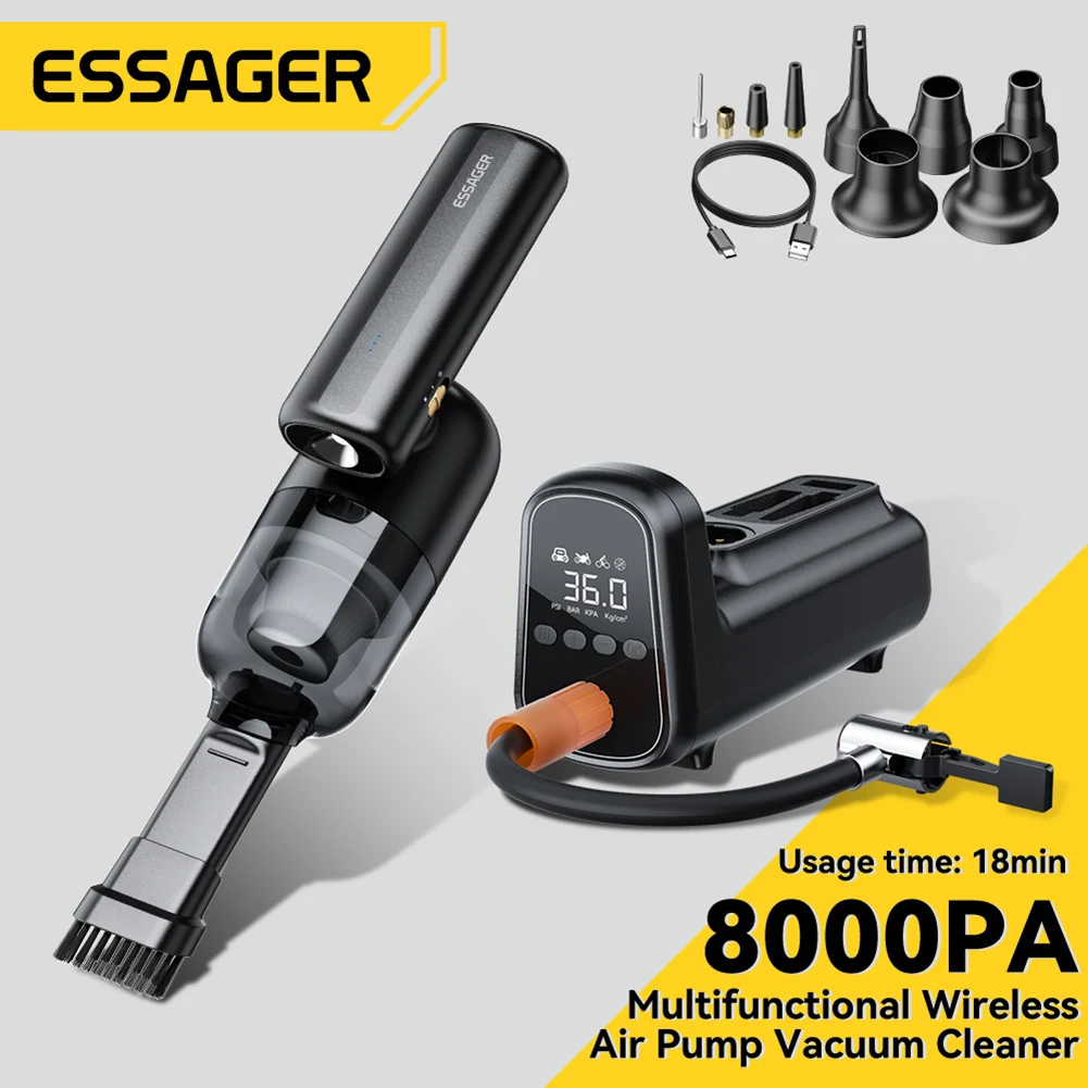 

Essager Portable Vacuum Cleaner and 12V Air Compressor Wireless Vacuum Car Portable Tyre Inflator for Car Home Cleaning Handheld