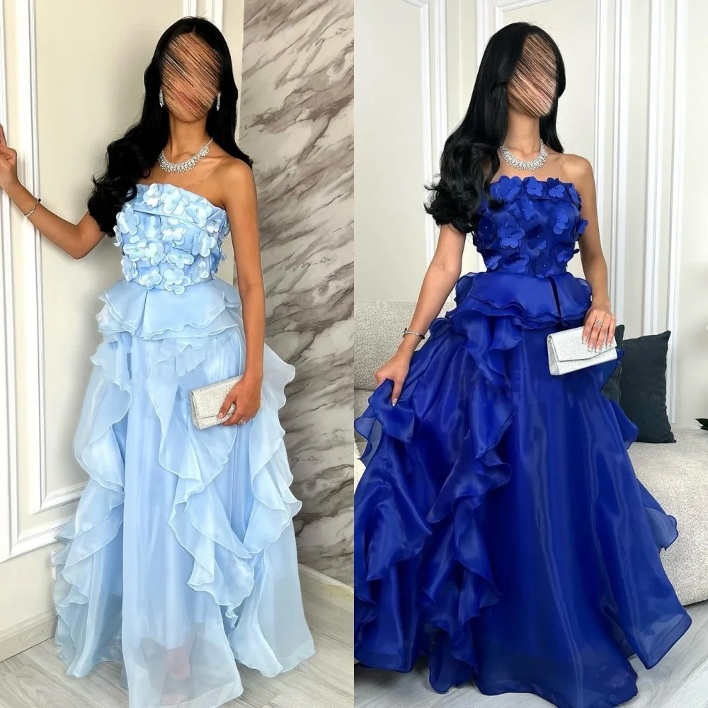 

Customized Fashion Organza Pleat Ruched Flower Beading A-line Strapless Long Dresses Bespoke Occasion Dresses Formal