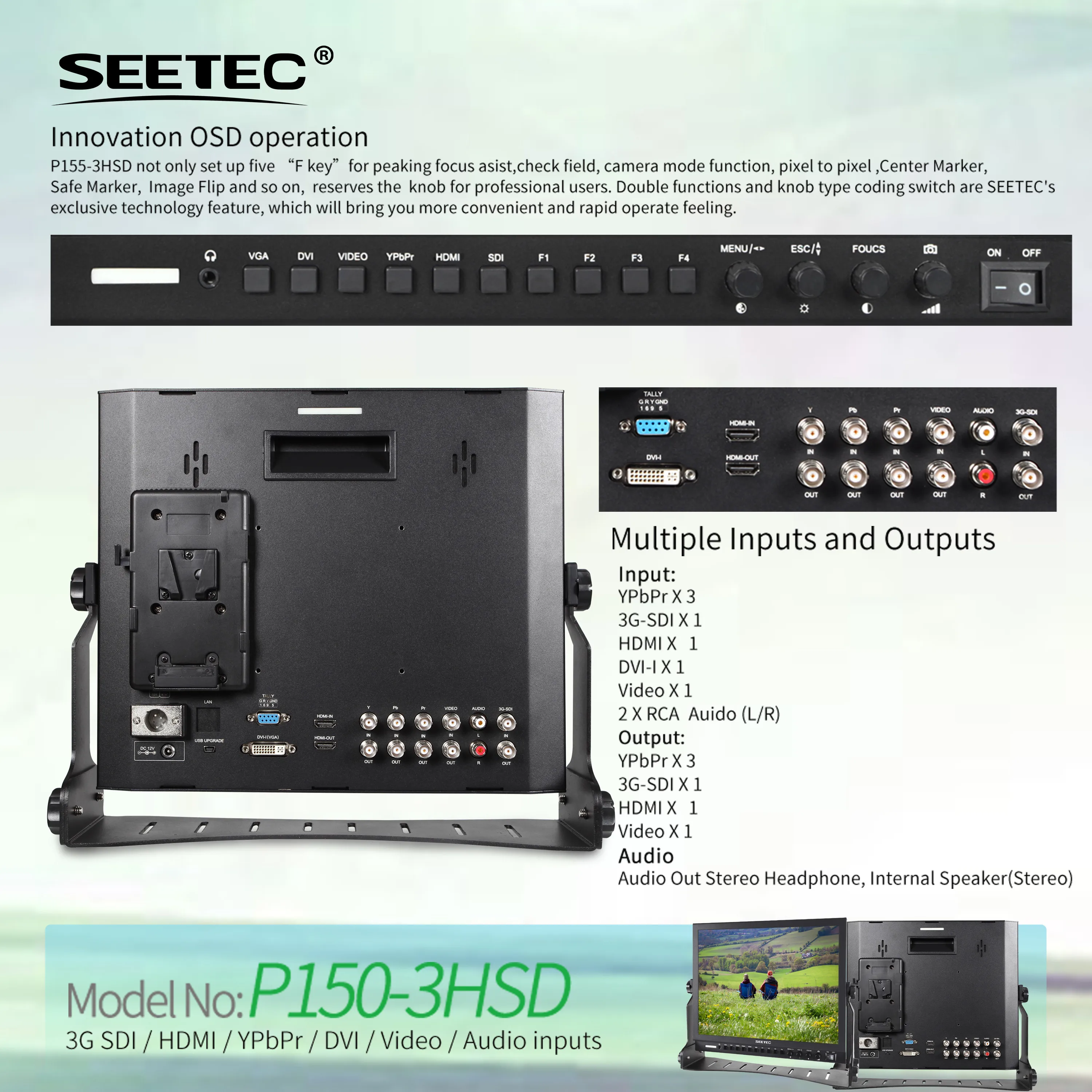 SEETEC P150-3HSD 15" HD Broadcast Monitor | 3G-SDI/HDMI/YPbPr | Aluminum OEM Factory Direct Custom Logo