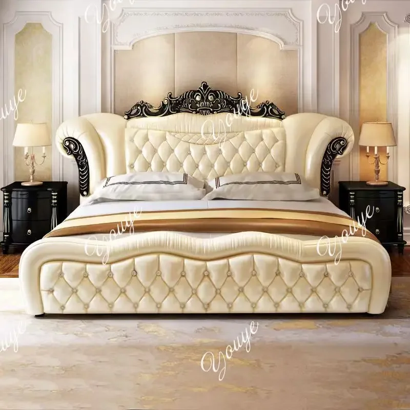 

N49 Pretty European Double Bed Tall Headboard Elegant Luxury Bedroom Frame Bed King Headboards Sets Camas Matrimonial Furniture