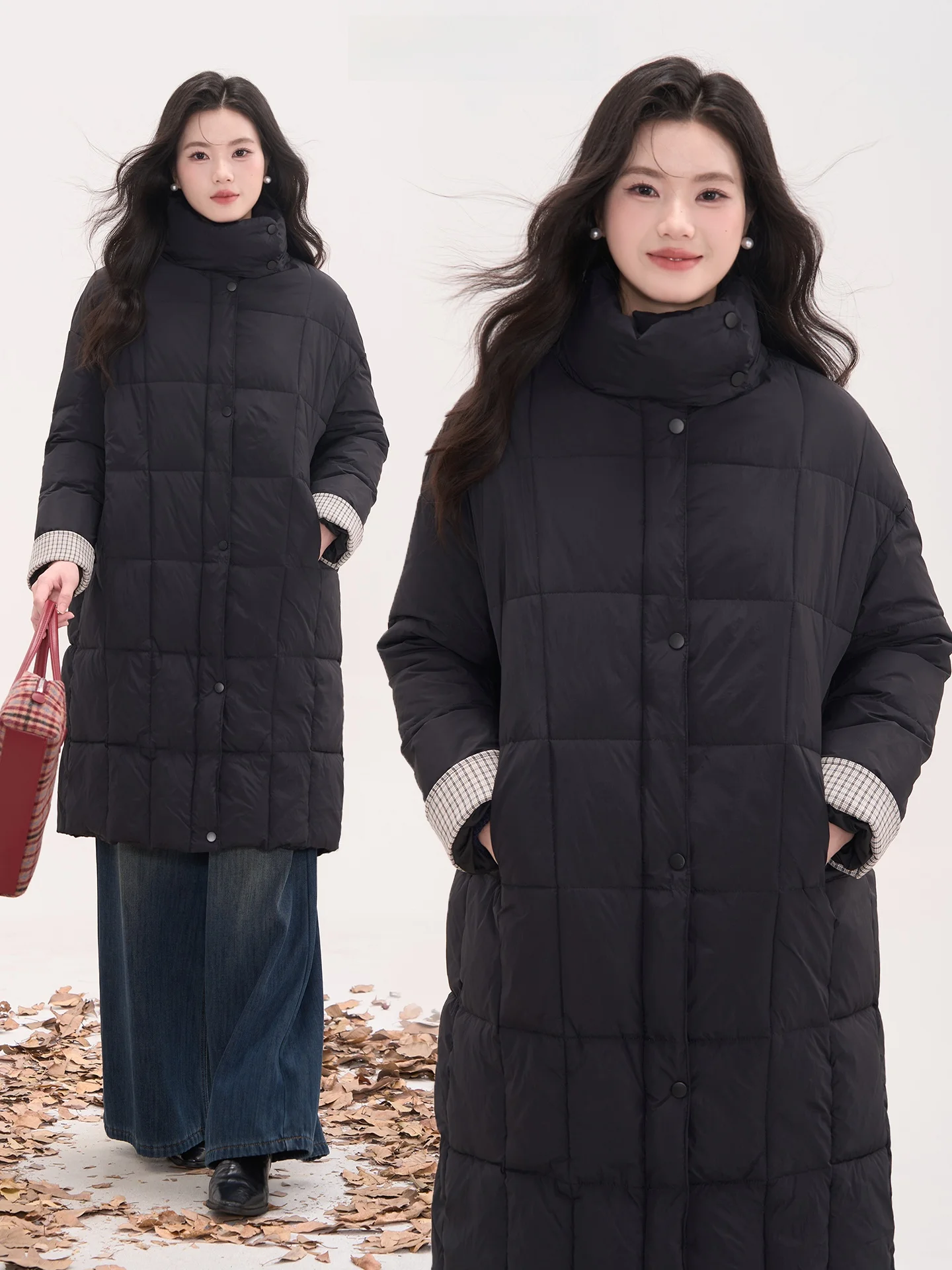 

Зимнее хлопковое пальто Heme в клетку для женщин, теплое, с воротником-стойкой, длинное, в корейском стиле, однотонное, для повседневной носки, производство Китай