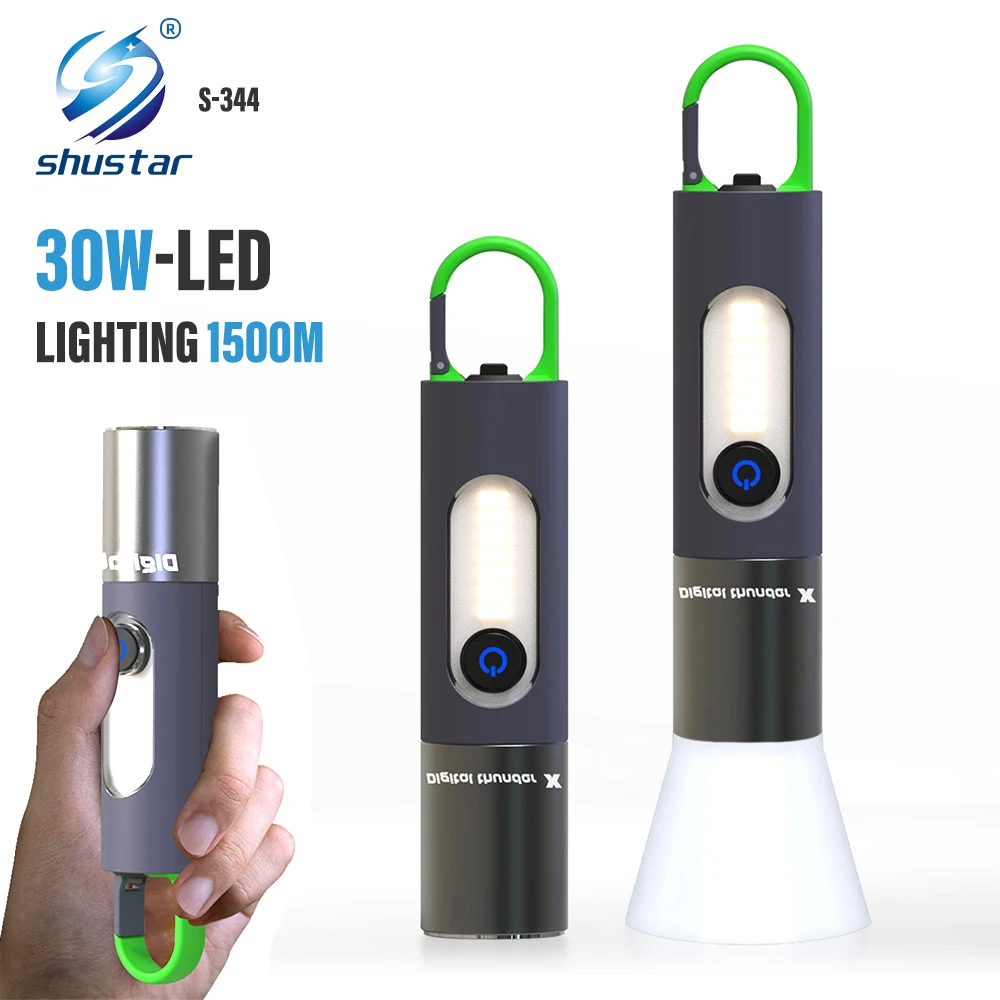 High Power LED Flashlight Camping Torch with 30W-LED and Side Light Telescopic Zoom Waterproof Lamp with Lampshade