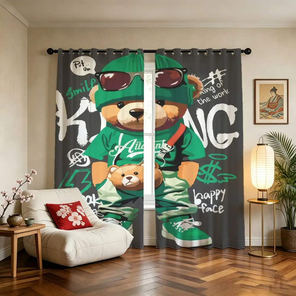 2 Panels Street Style Bear Printed Curtains Green Graffiti Art Blackout Curtains For Bedroom Teen Room Window Decor