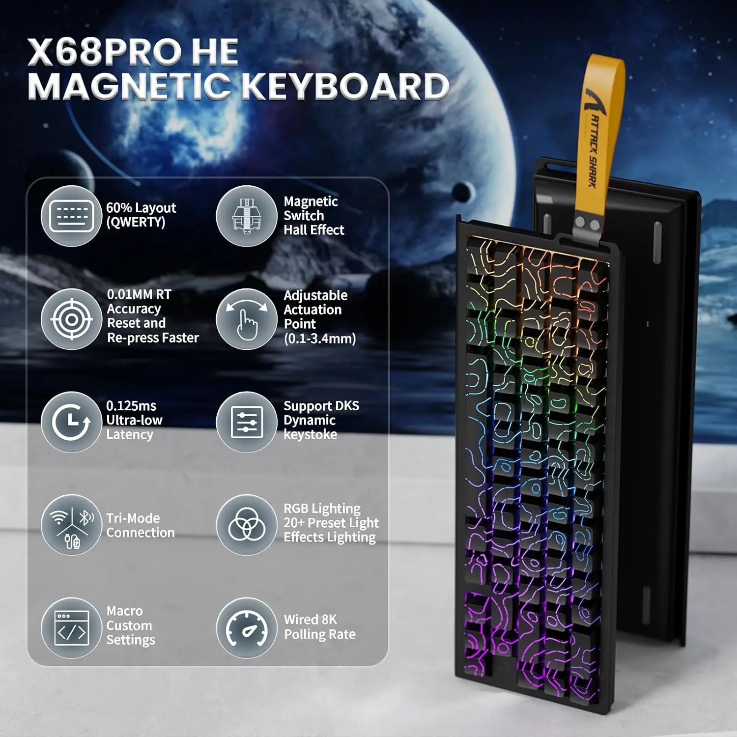 ATTACK SHARK X68PRO HE 60% Wireless Rapid Trigger Gaming Keyboard,Adjustable Actuation,8K,Hall Effect Magnetic Switch,Tri-mode
