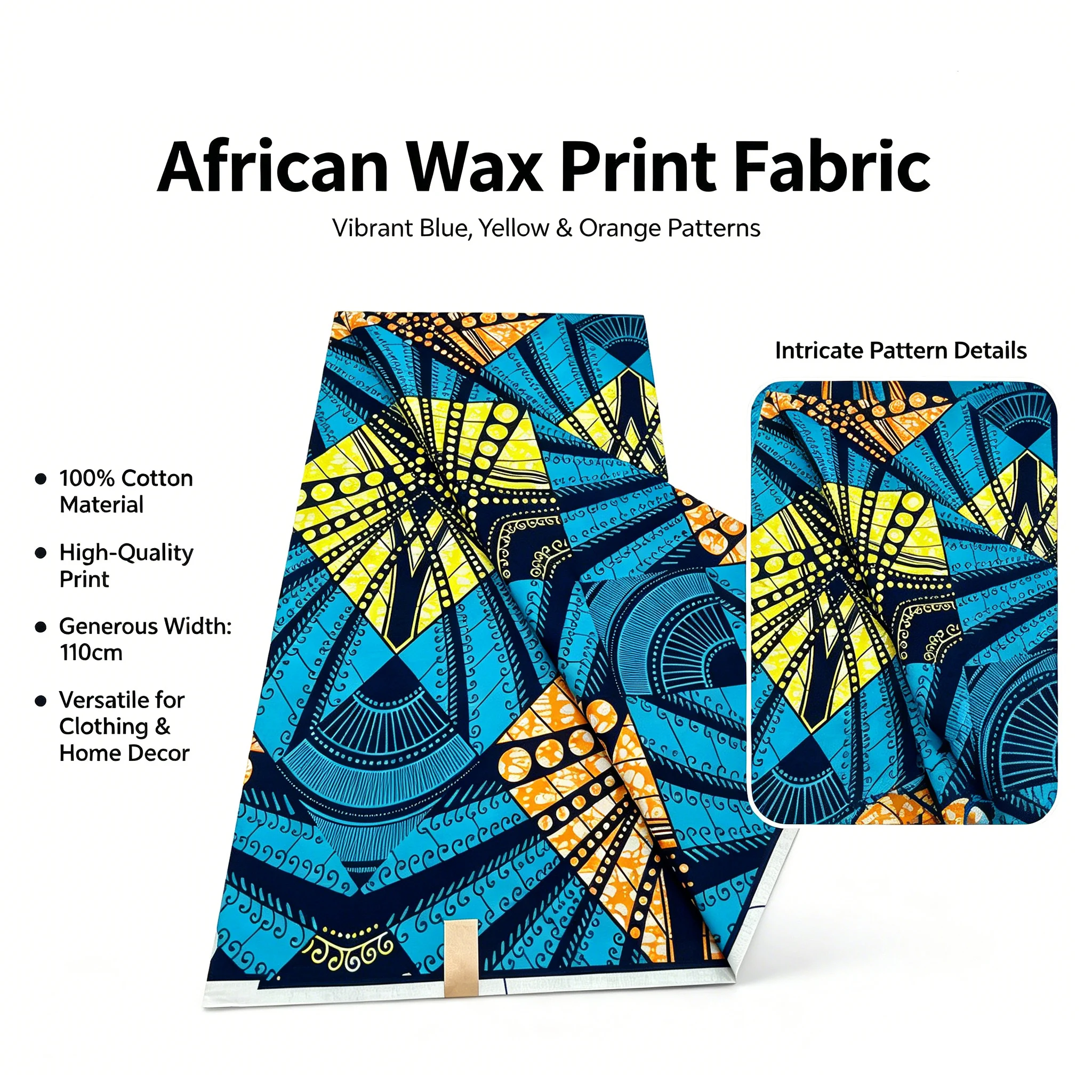 New African Real Wax Print Fabric 6 Yards 100% Cotton Ankara Kitenge Tissu Pagne Africain Blue Geometric Pattern For Women Dress view 2