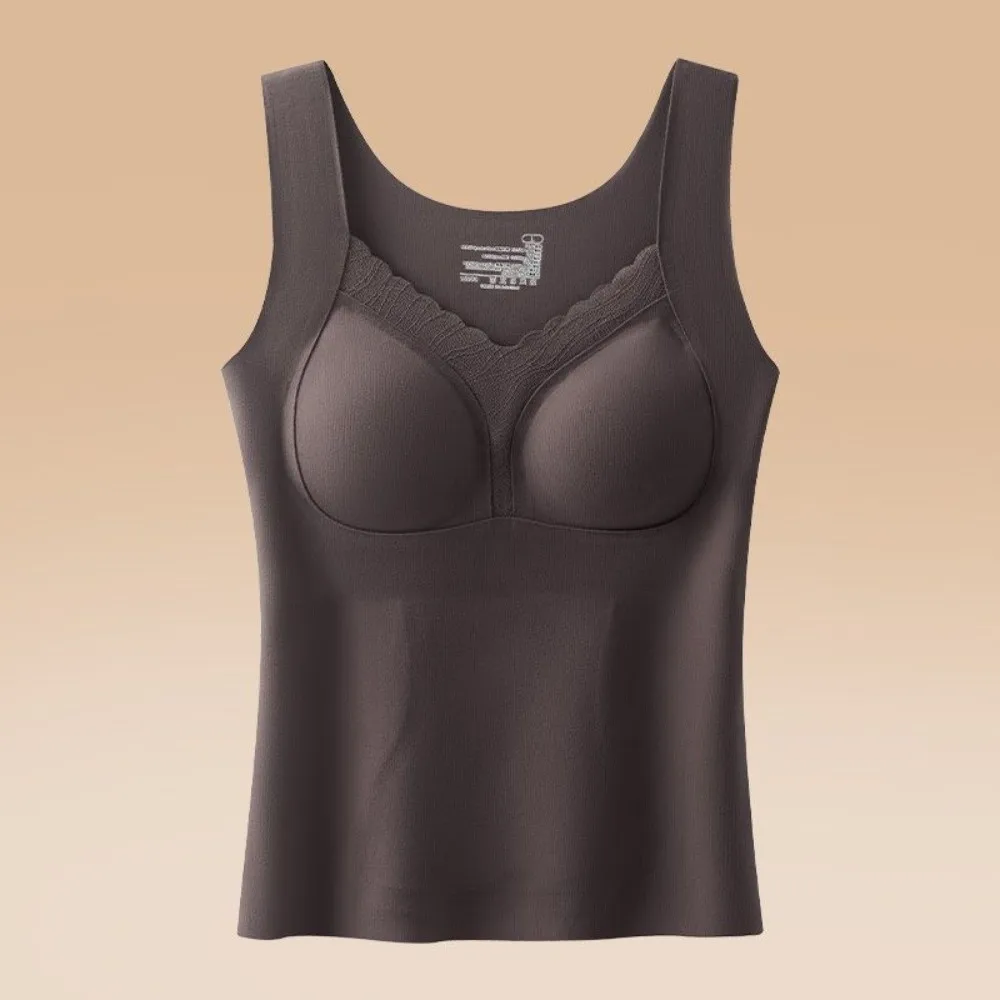 เสื้อกล้ามแฟชั่นทรงเข้ารูปไร้ตะเข็บแบบมีแผ่นเสริมในตัว ผ้าขนสัตว์ให้ความอบอุ่น เสื้อซับในสำหรับผู้หญิง