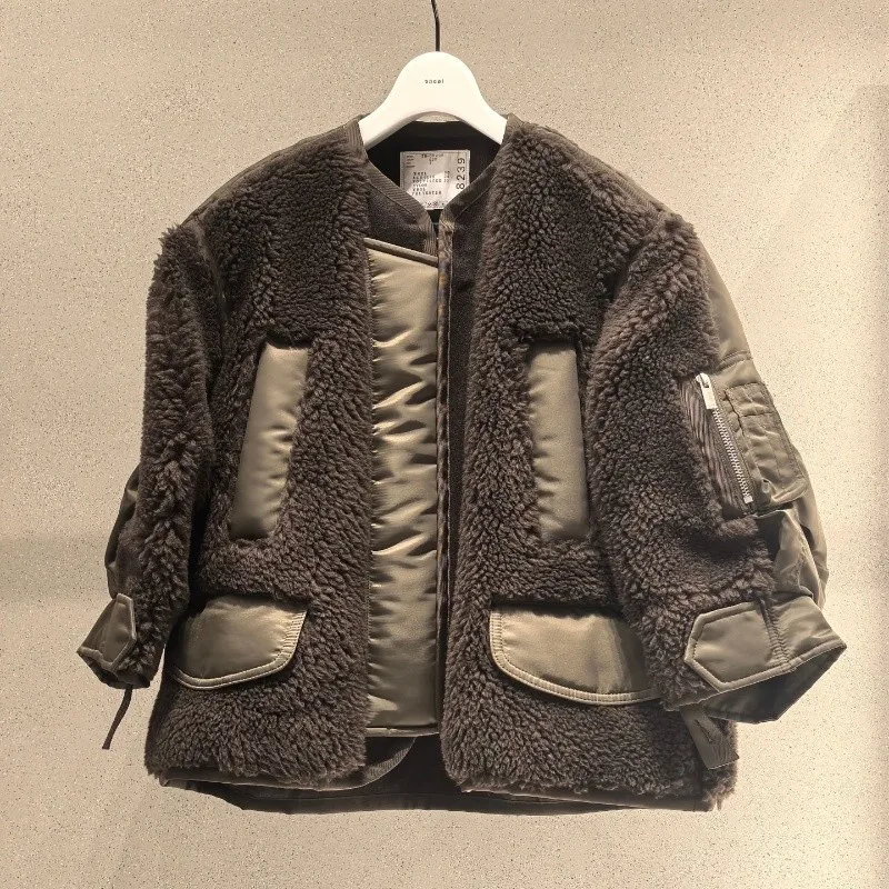 2025 Autumn Winter Japanese Style New Patchwork Color Block Lamb Wool Coat Women Loose Casual Long Sleeve Top