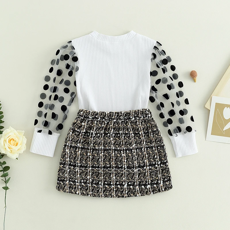 Suefunskry Kids Girls Skirt Set, Dots See-through Long Sleeve T-shirt with Mini Skirt Spring Fall Elegant 2Pcs Outfit 3-7Years