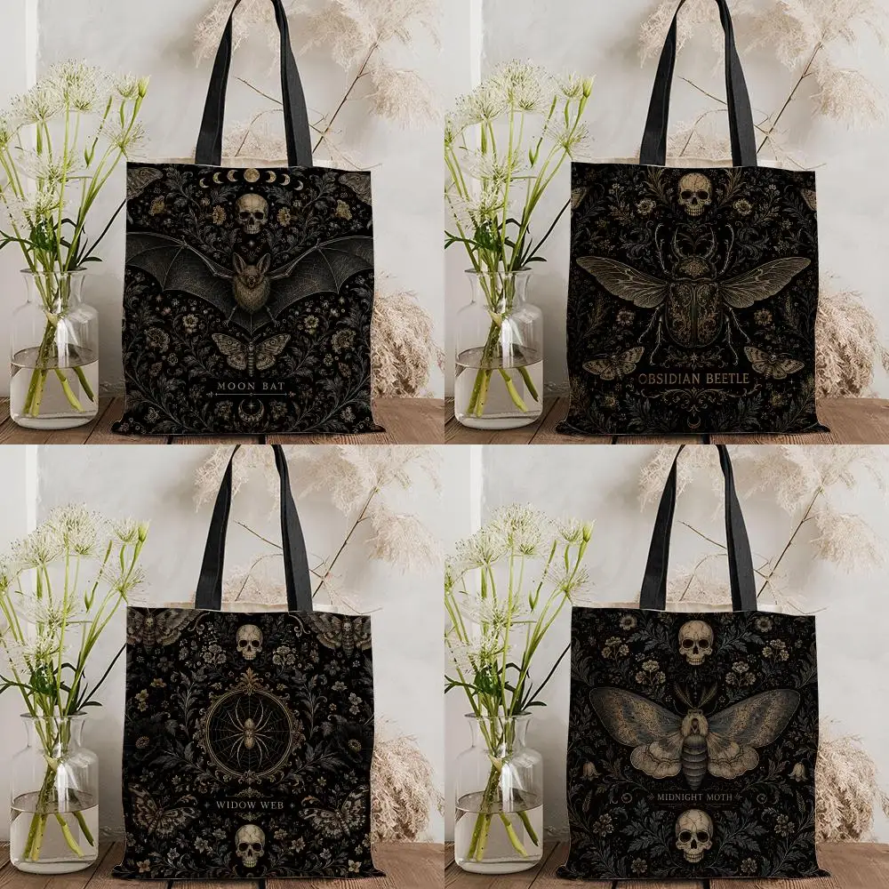 Dark Gothic Vintage Skull Insect Floral Storage Bags Canvas Tote Women Large Capacity Reusable Eco Shopping Bag Shoulder Handbag