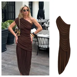 PB&ZA2024 summer new women's clothing fashionable temperament slim fit waist sexy versatile pleated shoulder asymmetric dress