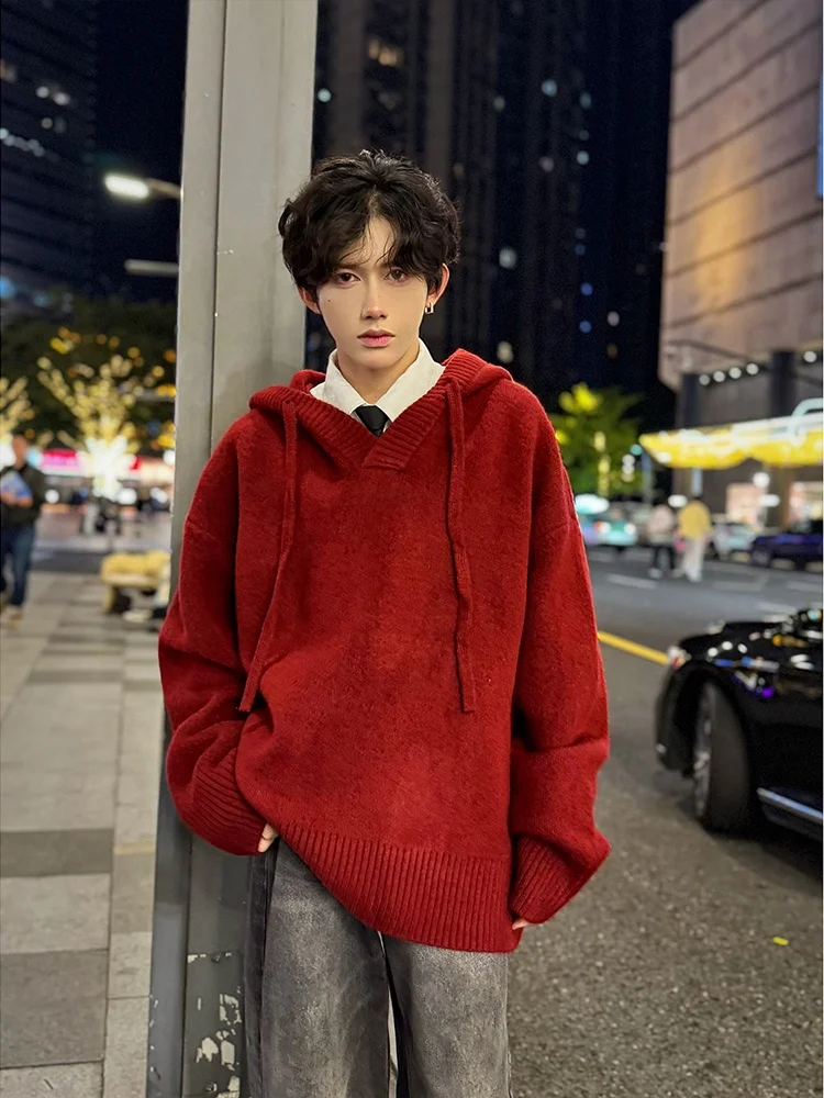 

Loose Fit Knitted Hoodie for Men in Red Casual Winter Faion High Quali Teenage Sle Comfortable Soft Thi Long Sve S...