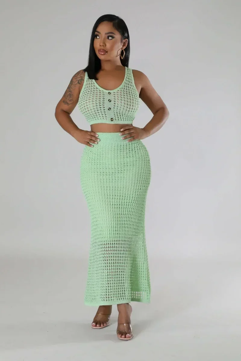 GUWU Sommer Stricken Häkeln Damen Set Ärmelloses O-ansatz Crop Top + Lange Rock Anzüge Strand Urlaub Sexy Zwei 2-teiliges Set Outfits