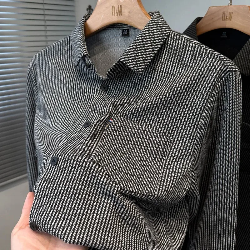 

Autumn New Business Casual Vertical Tops Striped Shirt Men's Pocket Tees Long-sleeved Lapel T-Shirts