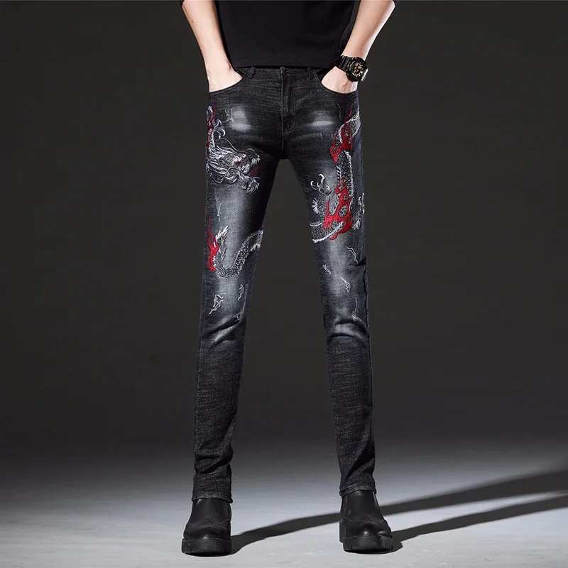 High Quality Men's Dragon Embroidery Denim Pants Washed Decoration Scratches Casual Jeans Classic Slim-fit Style Long Trousers;