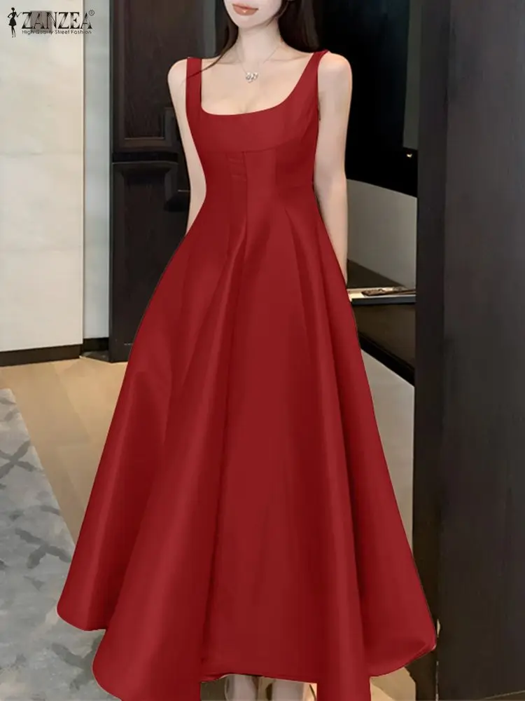 女性ファッション 6 色サテンカクテルパーティーロングドレス ZANZEA エレガントなスクエアネックノースリーブ A ラインイブニングドレス女性のための